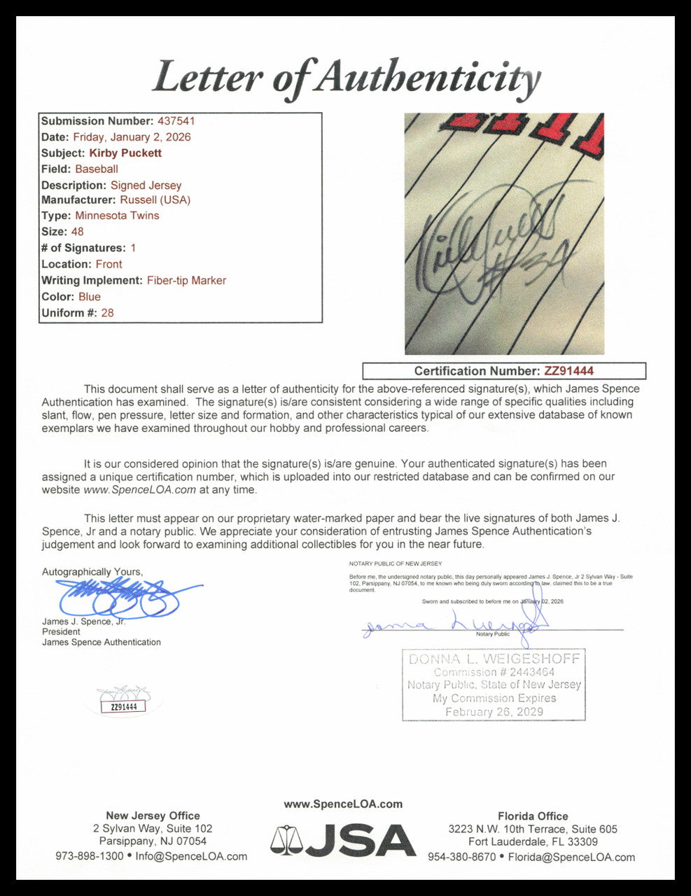 Minnesota Twins Kirby Puckett Autographed Framed Gray Russell Jersey "#34" JSA #ZZ91444