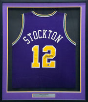 Utah Jazz John Stockton Autographed Framed Purple Jersey Beckett BAS Witness Stock #266057
