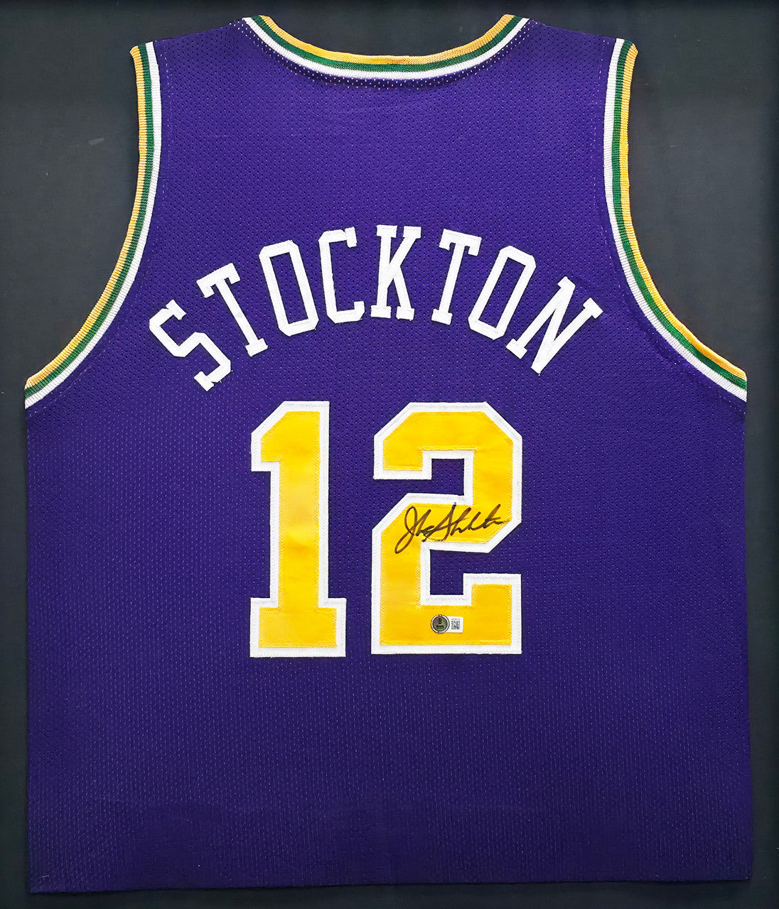 Utah Jazz John Stockton Autographed Framed Purple Jersey Beckett BAS Witness Stock #266057