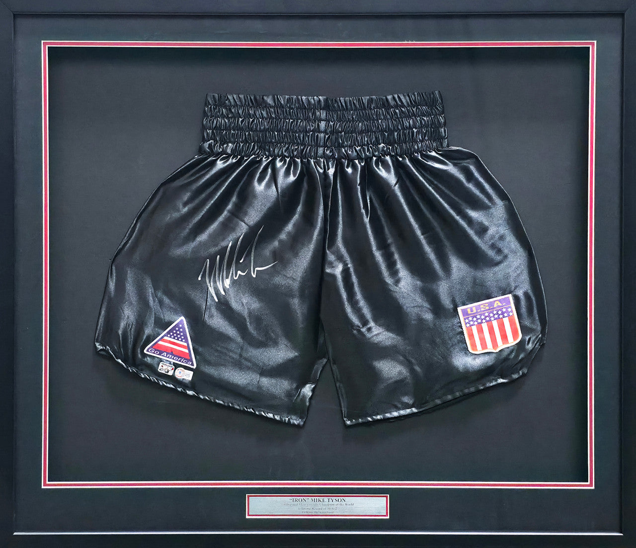 Mike Tyson Autographed Framed Black Boxing Trunks Beckett BAS Witness Stock #266062