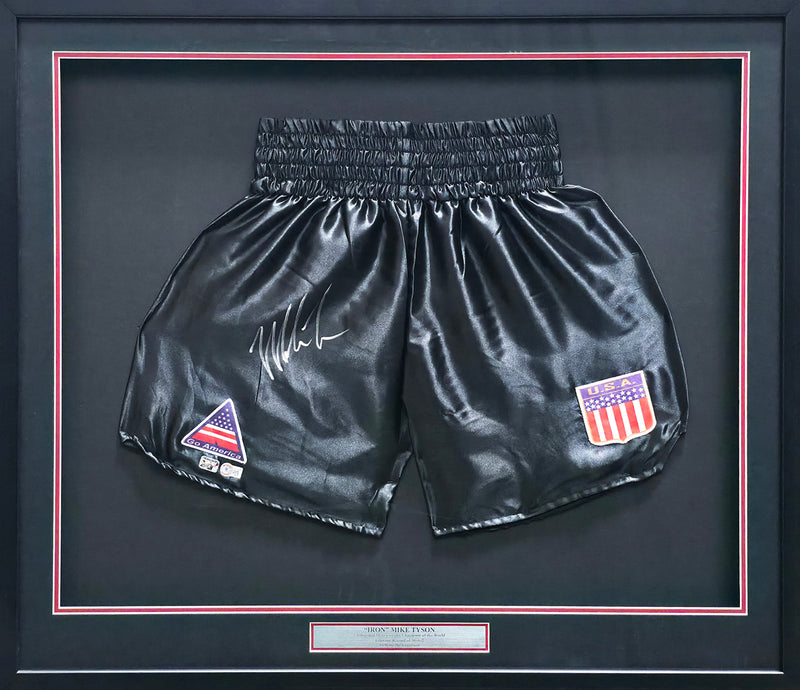 Mike Tyson Autographed Framed Black Boxing Trunks Beckett BAS Witness Stock #266062