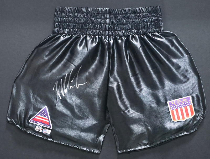 Mike Tyson Autographed Framed Black Boxing Trunks Beckett BAS Witness Stock #266062