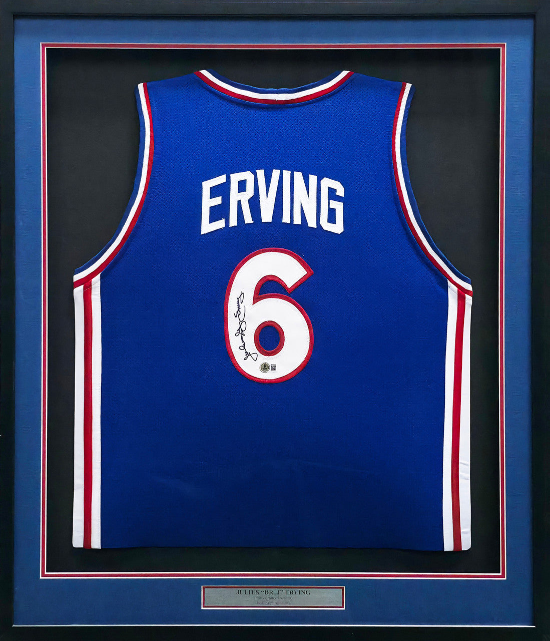 Philadelphia 76ers Julius "Dr. J" Erving Autographed Framed Blue Jersey Beckett BAS Witness Stock #266060