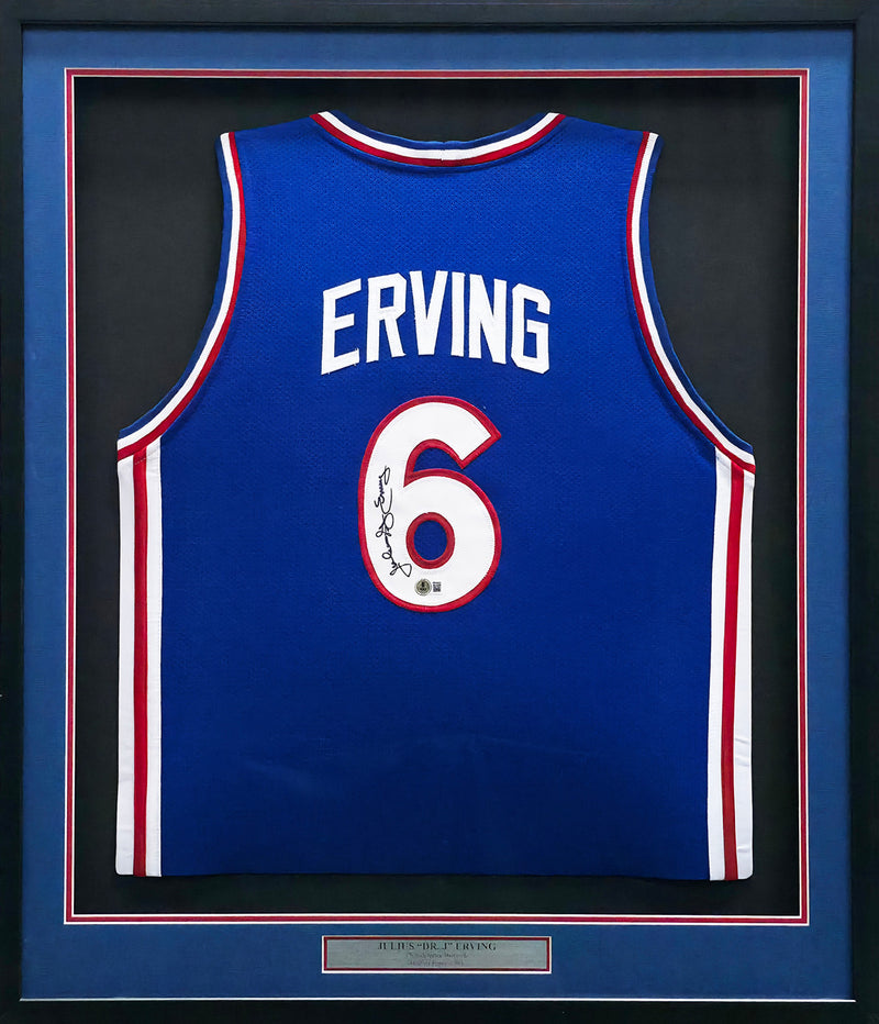 Philadelphia 76ers Julius "Dr. J" Erving Autographed Framed Blue Jersey Beckett BAS Witness Stock #266060
