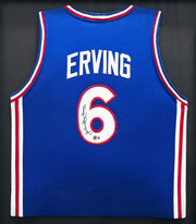 Philadelphia 76ers Julius "Dr. J" Erving Autographed Framed Blue Jersey Beckett BAS Witness Stock #266060