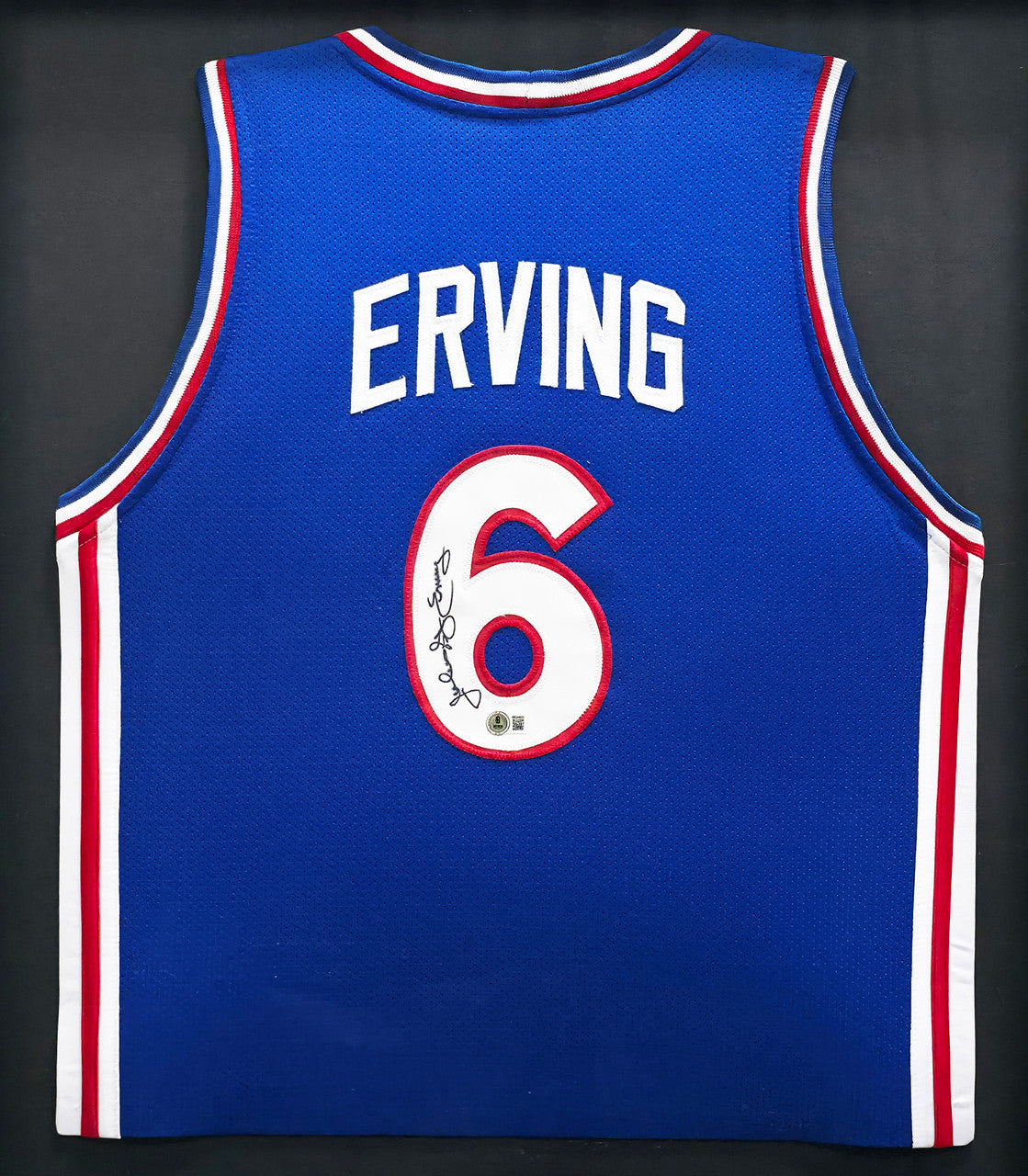 Philadelphia 76ers Julius "Dr. J" Erving Autographed Framed Blue Jersey Beckett BAS Witness Stock #266060