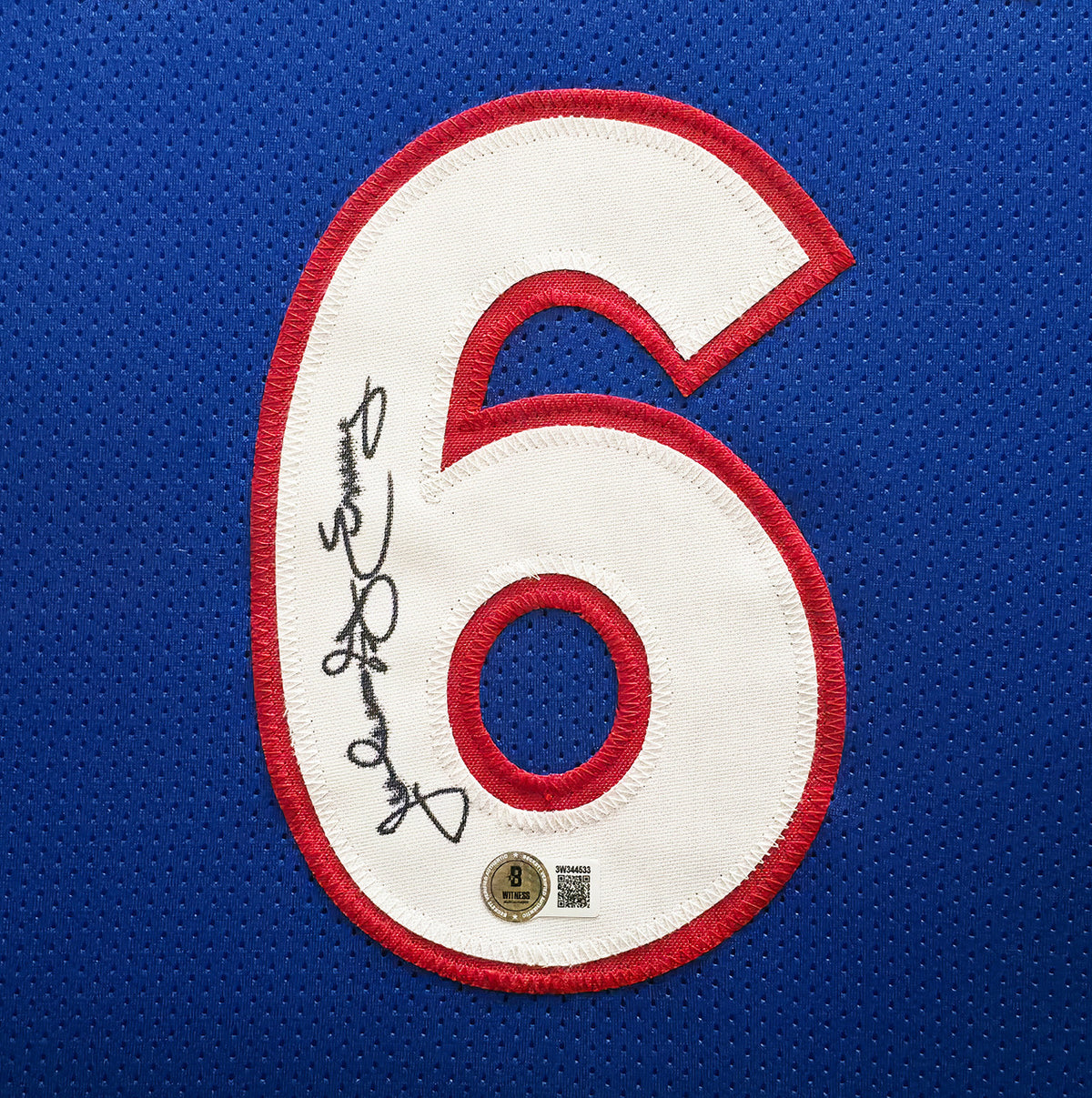 Philadelphia 76ers Julius "Dr. J" Erving Autographed Framed Blue Jersey Beckett BAS Witness Stock #266060