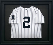 New York Yankees Derek Jeter Autographed Framed White Pinstripes Majestic Captain Patch Jersey Beckett BAS #AC97025