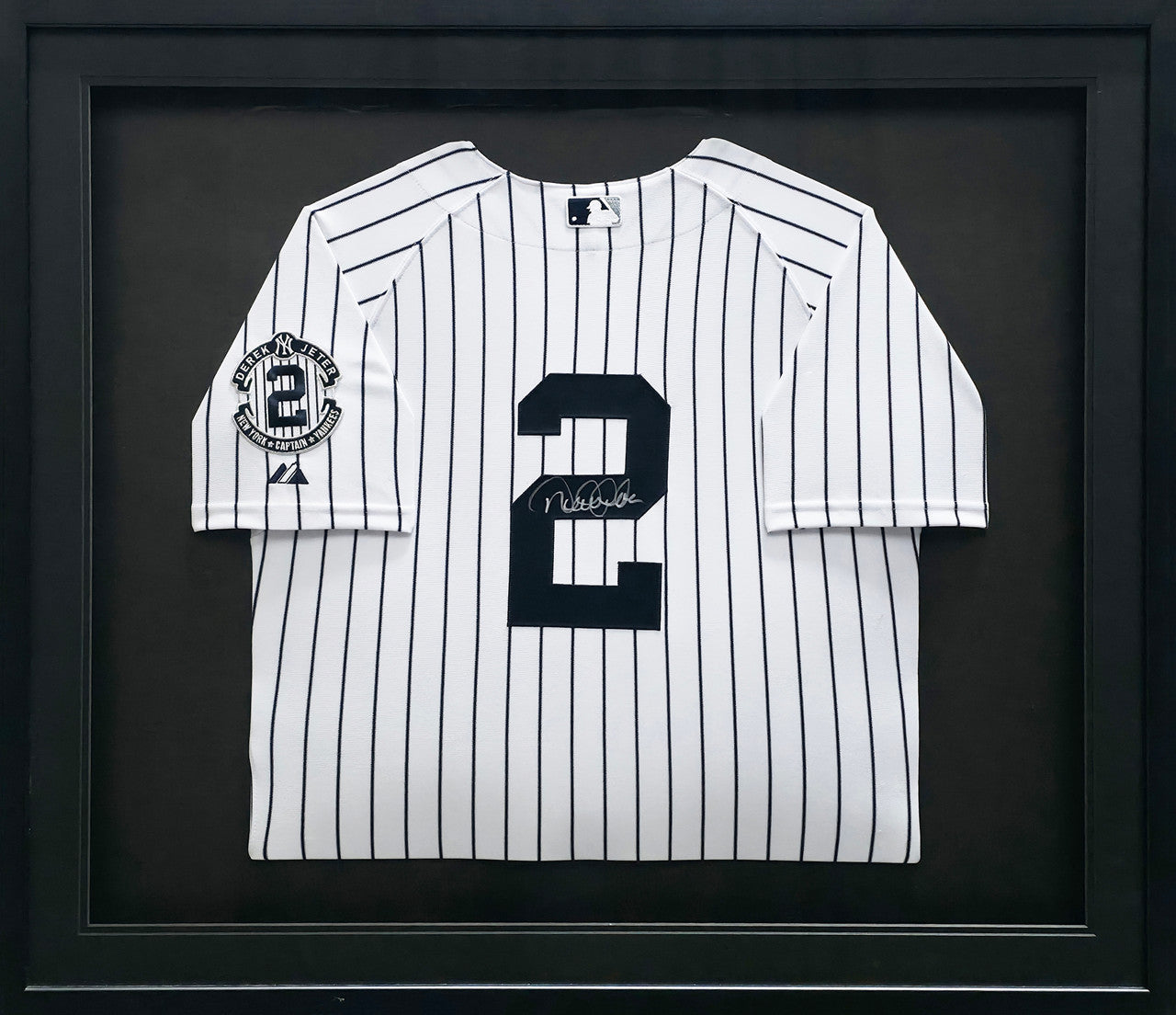 New York Yankees Derek Jeter Autographed Framed White Pinstripes Majestic Captain Patch Jersey Beckett BAS #AC97025