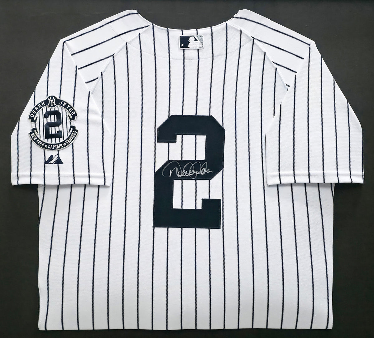 New York Yankees Derek Jeter Autographed Framed White Pinstripes Majestic Captain Patch Jersey Beckett BAS #AC97025