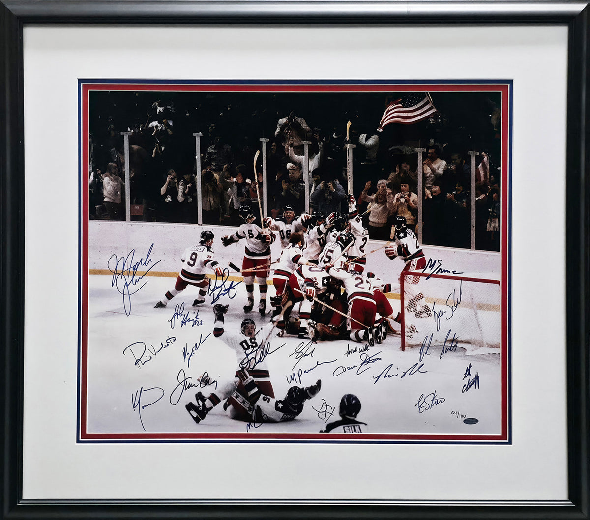 1980 Team USA Miracle on Ice Autographed Framed 20x24 Photo With All 20 Player Signatures Including Mike Eruzione #64/180 Steiner Holo SKU #266296