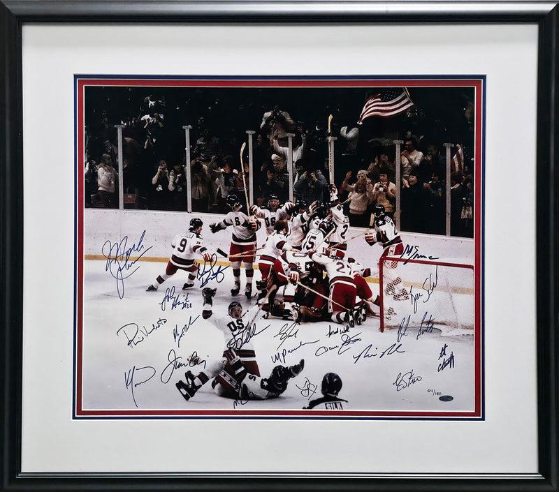1980 Team USA Miracle on Ice Autographed Framed 20x24 Photo With All 20 Player Signatures Including Mike Eruzione #64/180 Steiner Holo SKU #266296