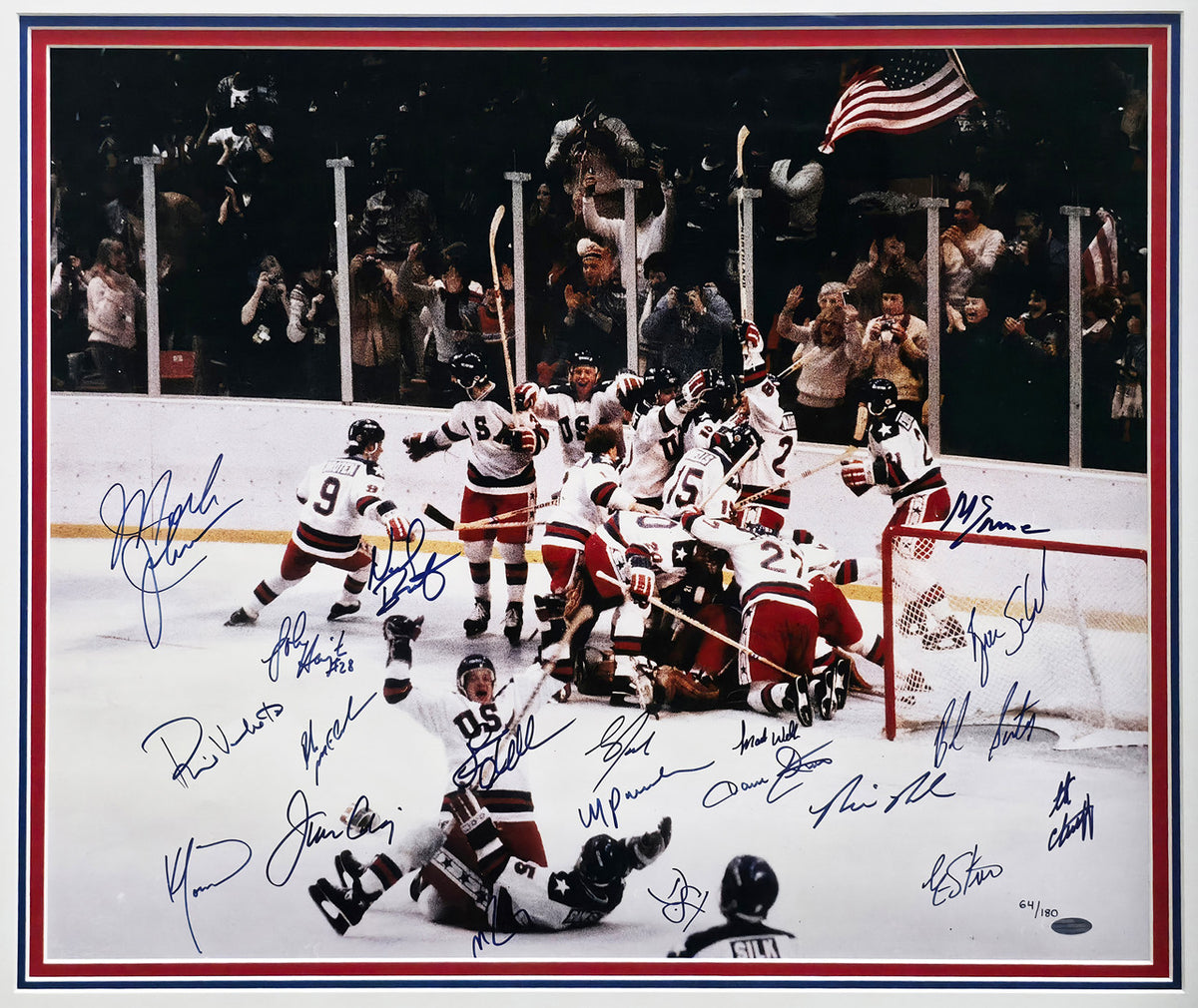1980 Team USA Miracle on Ice Autographed Framed 20x24 Photo With All 20 Player Signatures Including Mike Eruzione #64/180 Steiner Holo SKU #266296