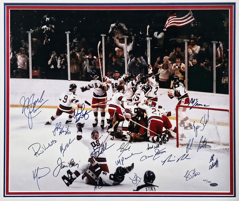 1980 Team USA Miracle on Ice Autographed Framed 20x24 Photo With All 20 Player Signatures Including Mike Eruzione #64/180 Steiner Holo SKU #266296