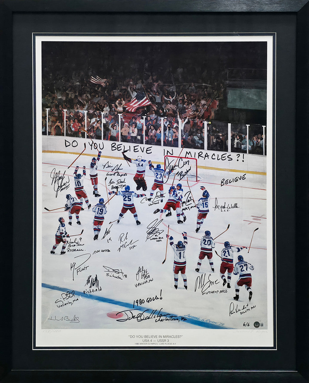 1980 Team USA Miracle on Ice Autographed Framed 24x30 Lithograph With 20 Signatures Including Herb Brooks #6/6 Beckett BAS #AC40042