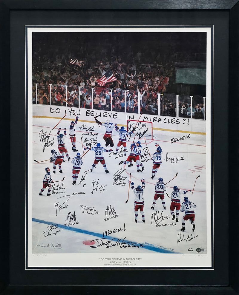 1980 Team USA Miracle on Ice Autographed Framed 24x30 Lithograph With 20 Signatures Including Herb Brooks #6/6 Beckett BAS #AC40042