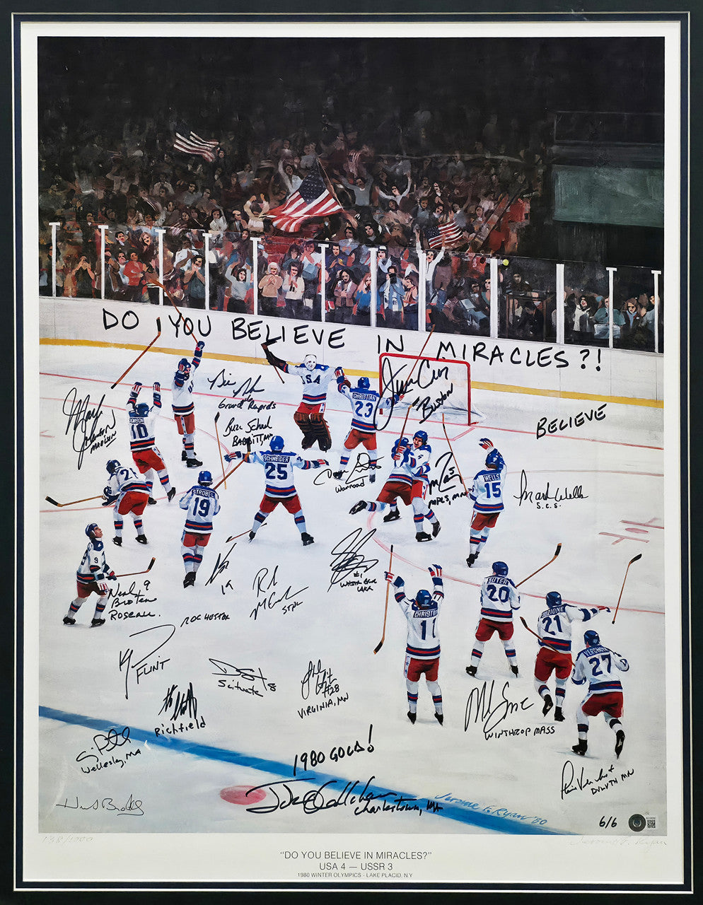 1980 Team USA Miracle on Ice Autographed Framed 24x30 Lithograph With 20 Signatures Including Herb Brooks #6/6 Beckett BAS #AC40042