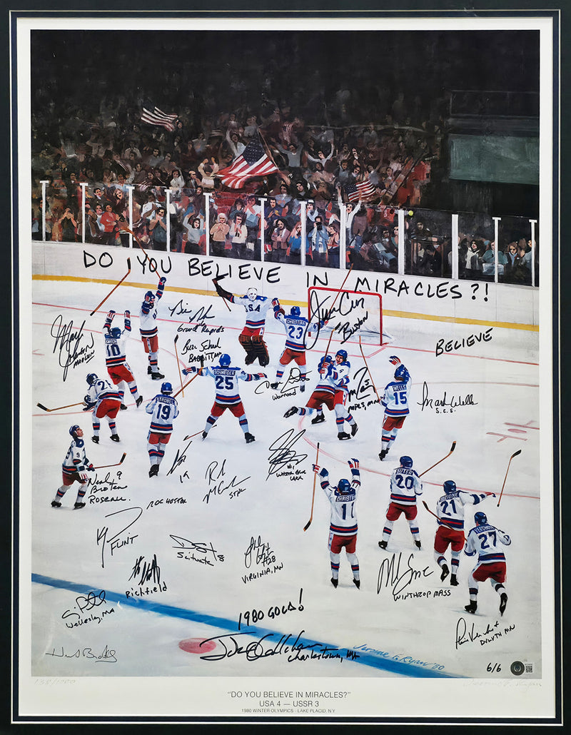 1980 Team USA Miracle on Ice Autographed Framed 24x30 Lithograph With 20 Signatures Including Herb Brooks #6/6 Beckett BAS #AC40042