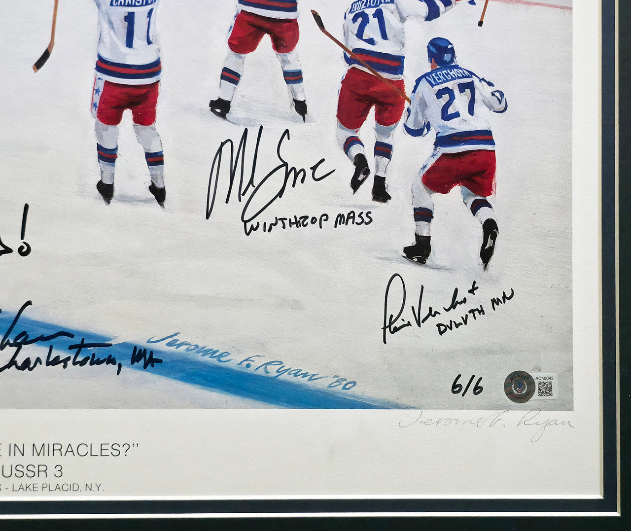 1980 Team USA Miracle on Ice Autographed Framed 24x30 Lithograph With 20 Signatures Including Herb Brooks #6/6 Beckett BAS #AC40042