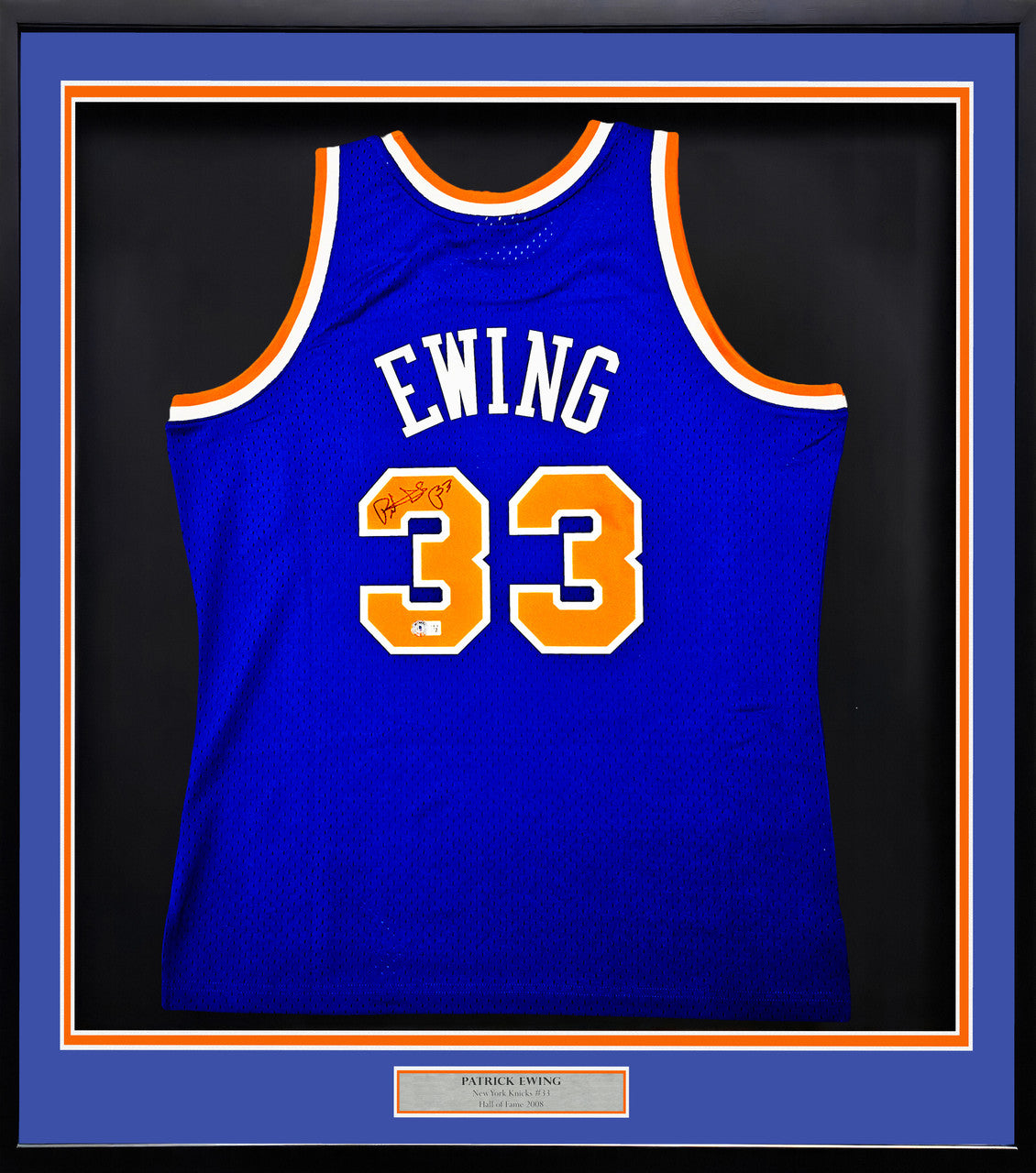 New York Knicks Patrick Ewing Autographed Framed Blue Mitchell & Ness HWC Swingman Jersey Beckett BAS Witness Stock #266059
