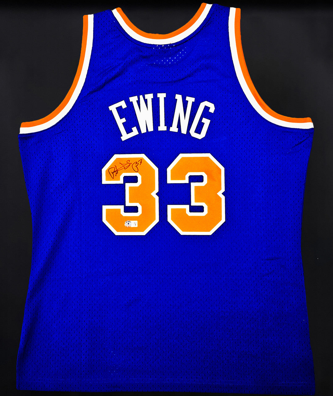 New York Knicks Patrick Ewing Autographed Framed Blue Mitchell & Ness HWC Swingman Jersey Beckett BAS Witness Stock #266059
