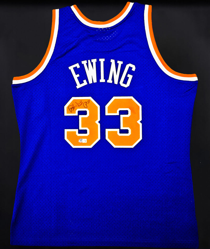 New York Knicks Patrick Ewing Autographed Framed Blue Mitchell & Ness HWC Swingman Jersey Beckett BAS Witness Stock #266059