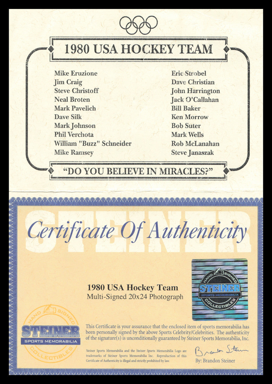 1980 Team USA Miracle on Ice Autographed Framed 20x24 Photo With All 20 Player Signatures Including Mike Eruzione #64/180 Steiner Holo SKU #266296