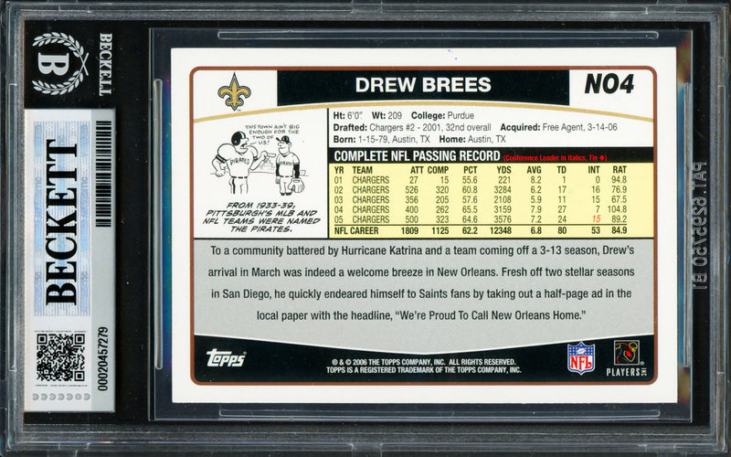 Drew Brees Autographed 2006 Topps Card #4 New Orleans Saints Beckett BAS #20457279