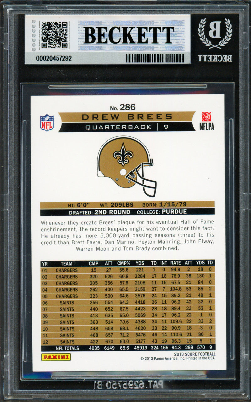 Drew Brees Autographed 2013 Score Card #286 New Orleans Saints Beckett BAS #20457292