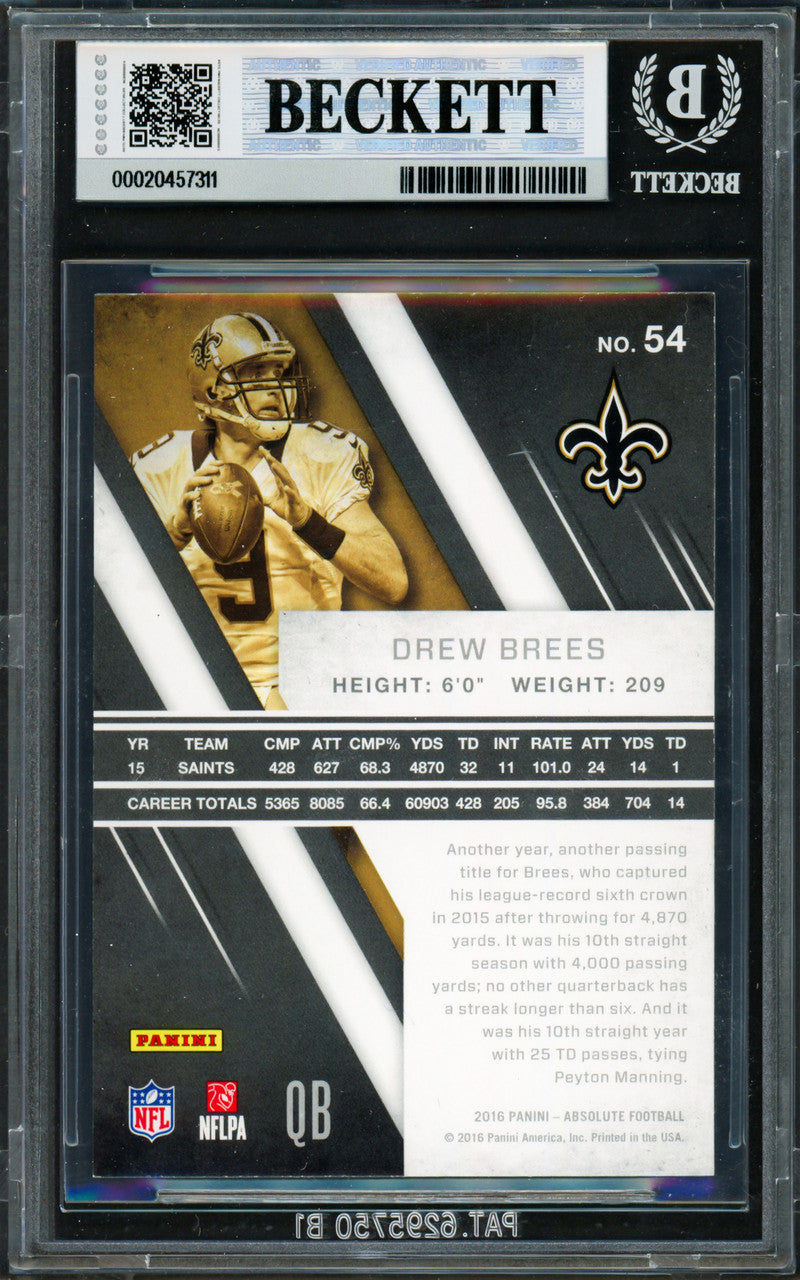Drew Brees Autographed 2016 Panini Absolute Card #54 New Orleans Saints Beckett BAS #20457311