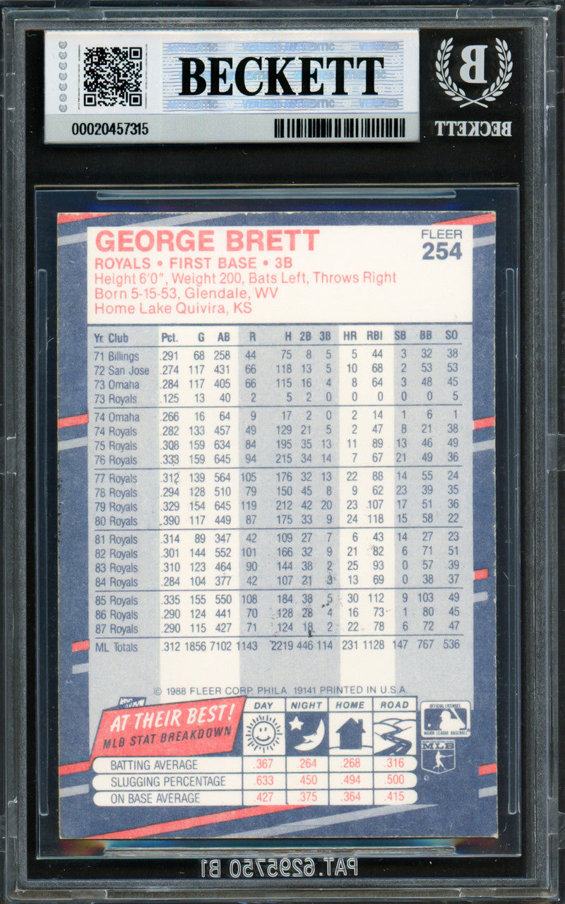 George Brett Autographed 1988 Fleer Card #254 Kansas City Royals Beckett BAS #20457315