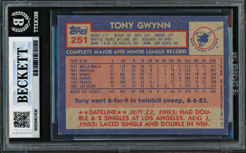 Tony Gwynn Autographed 1984 Topps Card #251 San Diego Padres Beckett BAS #20457436