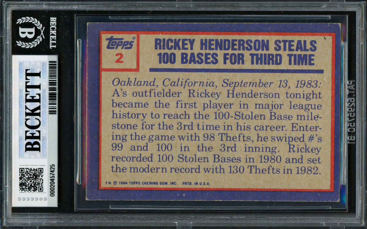Rickey Henderson Autographed 1984 Topps Card #2 Oakland A's Beckett BAS #20457425