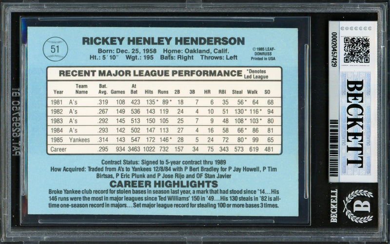 Rickey Henderson Autographed 1986 Donruss Card #51 New York Yankees Beckett BAS #20457429