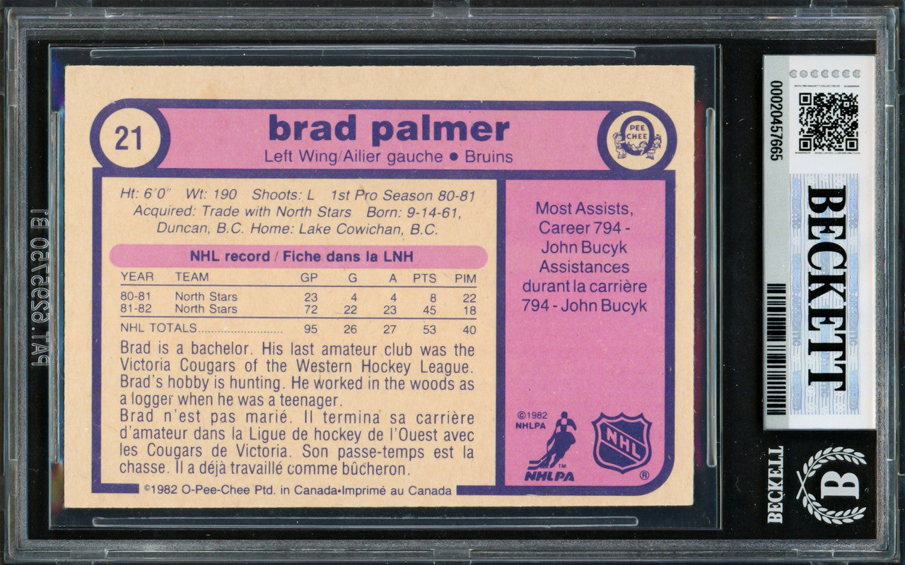 Brad Palmer Autographed 1982-83 O Pee Chee Card #21 Boston Bruins Vintage Signature Beckett BAS #20457665
