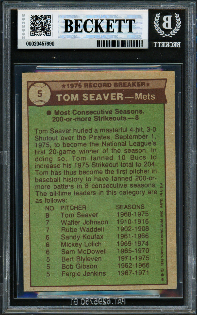 Tom Seaver Autographed 1976 Topps Rookie Card #5 New York Mets Beckett BAS #20457690
