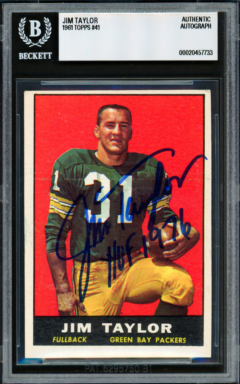 Jim Taylor Autographed 1961 Topps Card #41 Green Bay Packers Beckett BAS #20457733