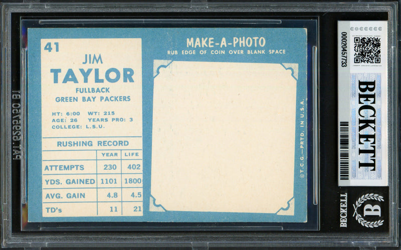 Jim Taylor Autographed 1961 Topps Card #41 Green Bay Packers Beckett BAS #20457733