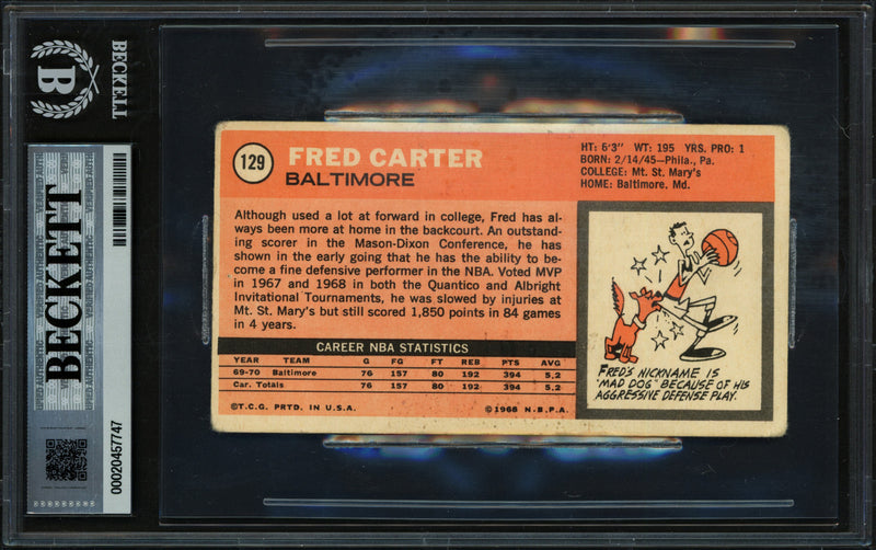 Fred Carter Autographed 1970-71 Topps Rookie Card #129 Baltimore Bullets Beckett BAS #20457747