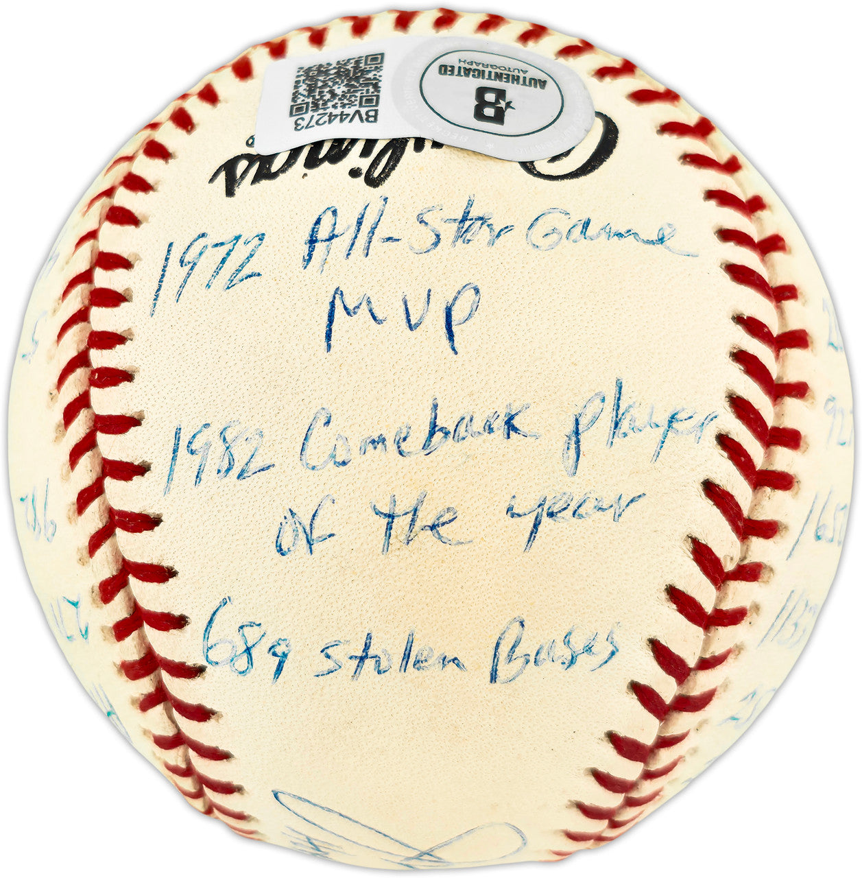 Joe Morgan Autographed Official NL Baseball Cincinnati Reds With 20 Stats Beckett BAS QR #BV44273