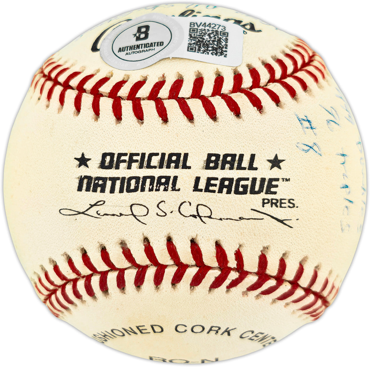 Joe Morgan Autographed Official NL Baseball Cincinnati Reds With 20 Stats Beckett BAS QR #BV44273