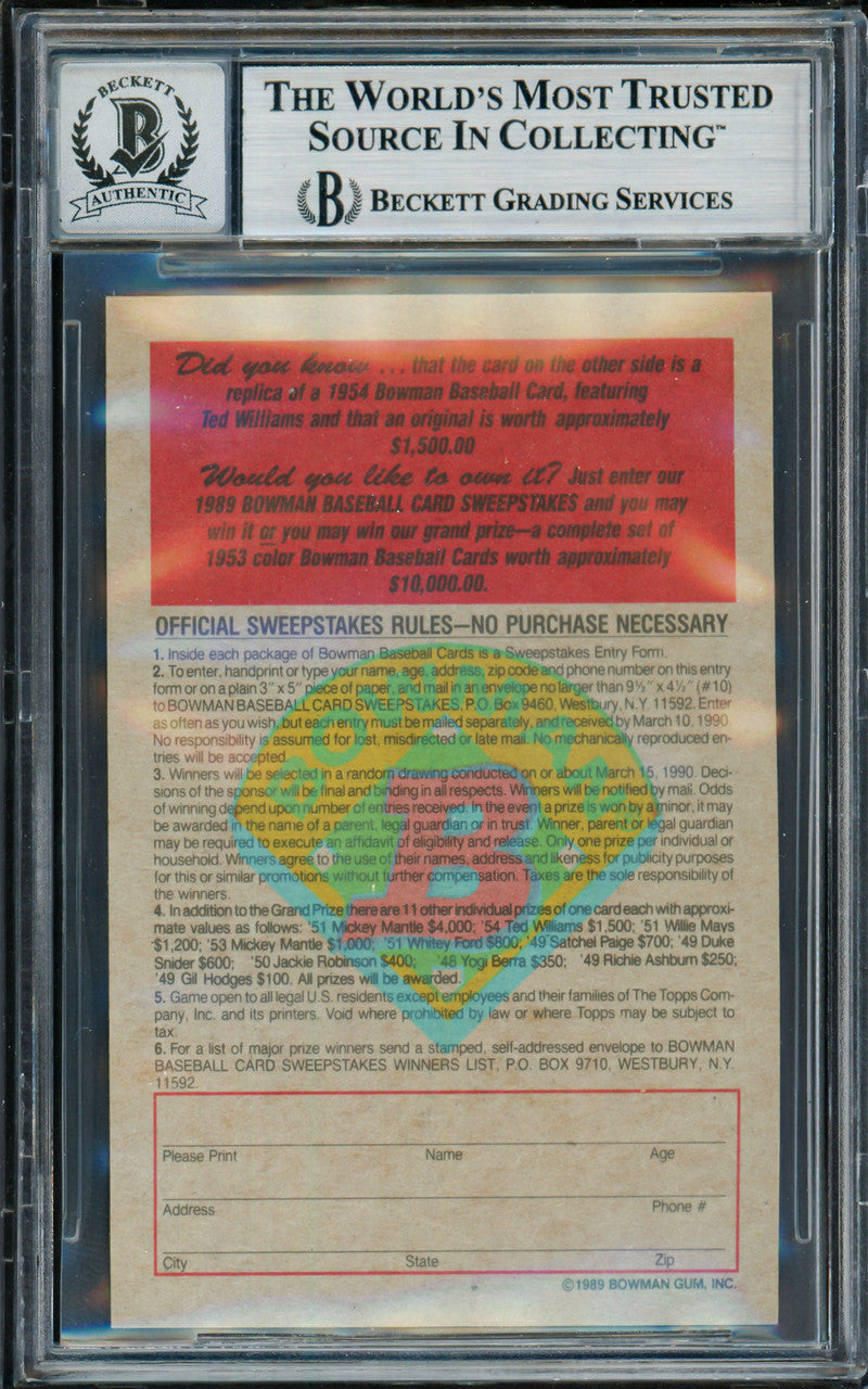 Ted Williams Autographed 1989 Bowman Card #11 Boston Red Sox Auto Grade Gem Mint 10 Beckett BAS #19374069
