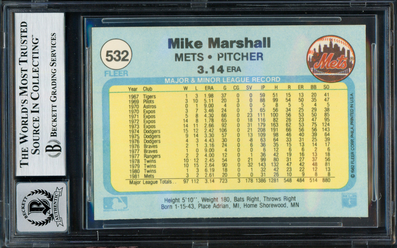 Dr. Mike Marshall Autographed 1982 Fleer Card #532 New York Mets Auto Grade Mint 9 Beckett BAS #19991651