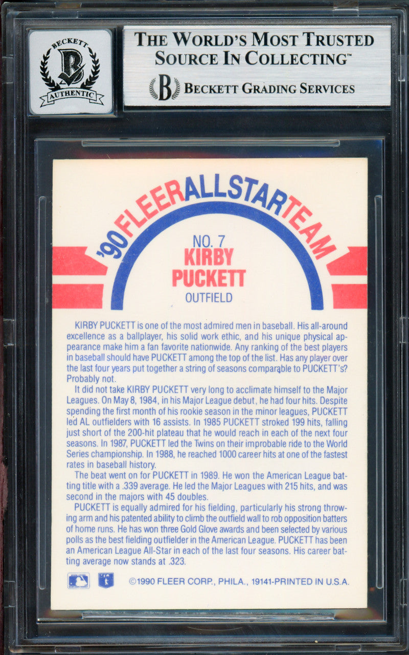 Kirby Puckett Autographed 1990 Fleer Card #7 Minnesota Twins Auto Grade Gem Mint 10 Beckett BAS #19374071