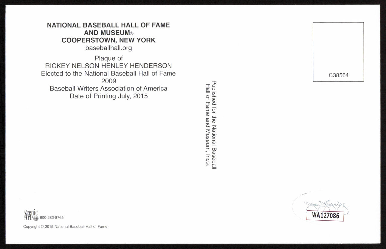 Rickey Henderson Autographed Hall of Fame Postcard Oakland A's JSA #WA127086