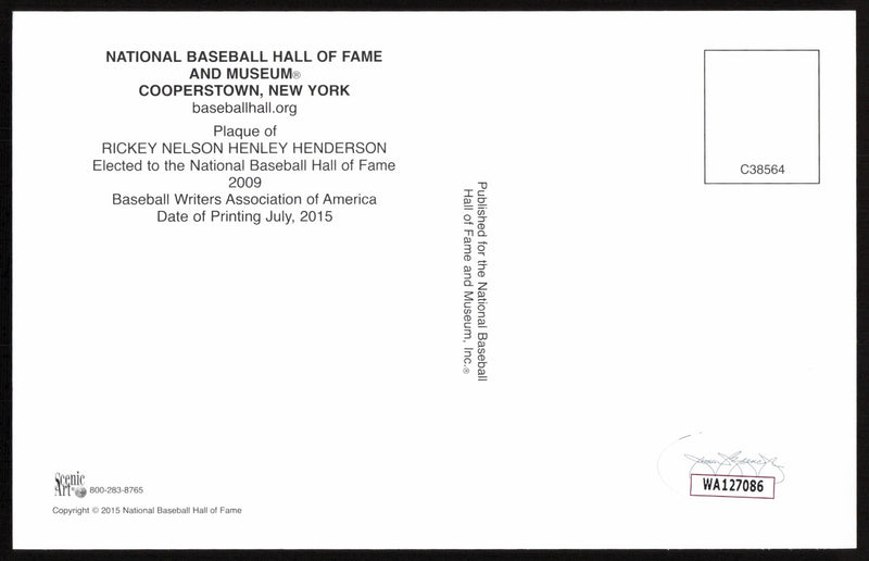 Rickey Henderson Autographed Hall of Fame Postcard Oakland A's JSA #WA127086