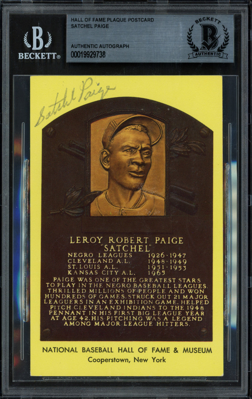 Satchel Paige Autographed Hall of Fame HOF Plaque Postcard Negro Leagues Beckett BAS #19929738