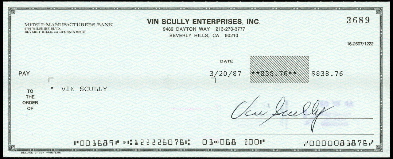 Vin Scully Autographed Check Los Angeles Dodgers Dual Signed PSA/DNA #AQ42547