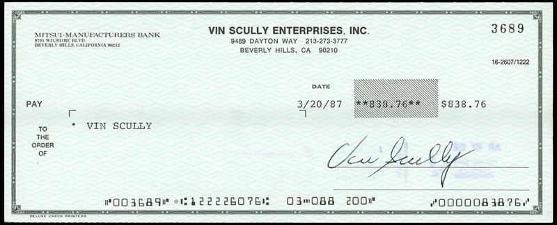 Vin Scully Autographed Check Los Angeles Dodgers Dual Signed PSA/DNA #AQ42547