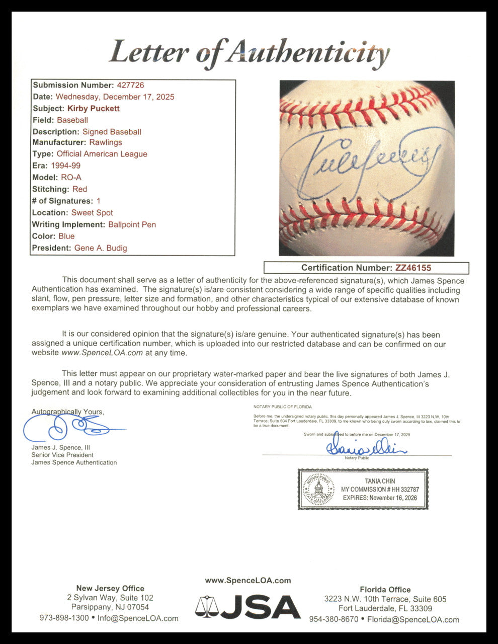 Kirby Puckett Autographed Official AL Baseball Minnesota Twins JSA #ZZ46155